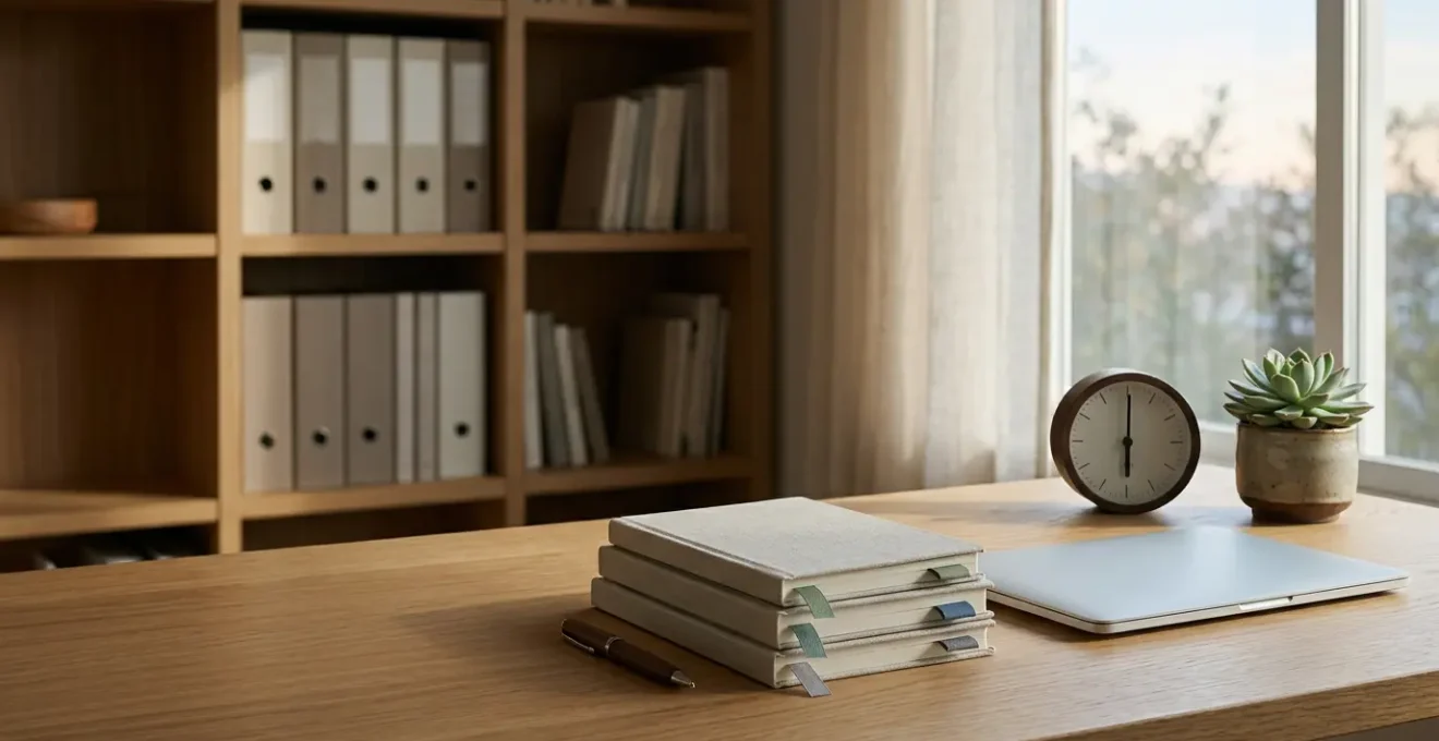 Étudiant en prépa dans un espace de travail épuré et organisé, avec des cahiers structurés et un système de rangement méthodique