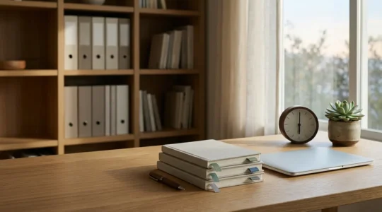 Étudiant en prépa dans un espace de travail épuré et organisé, avec des cahiers structurés et un système de rangement méthodique
