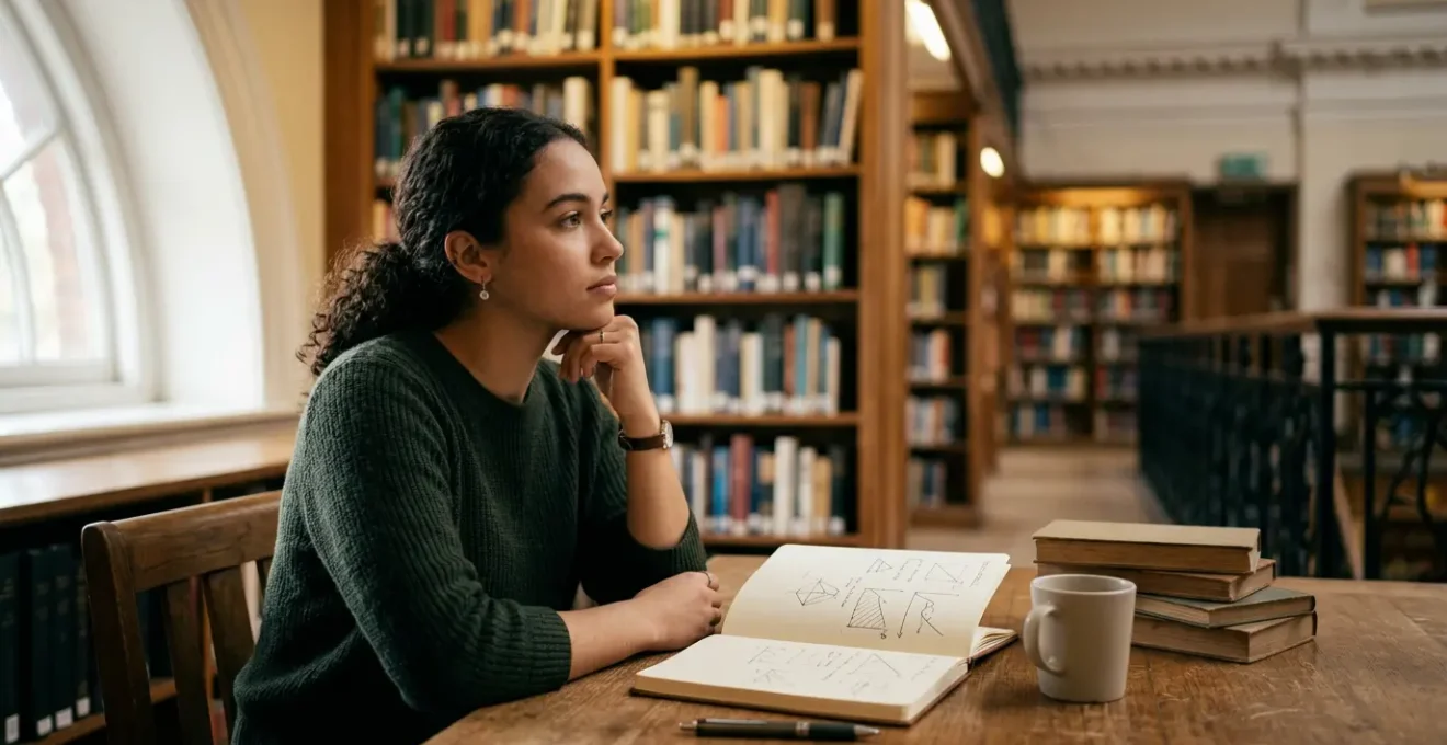 Étudiant en prépa scientifique face à des formules mathématiques abstraites dans une bibliothèque