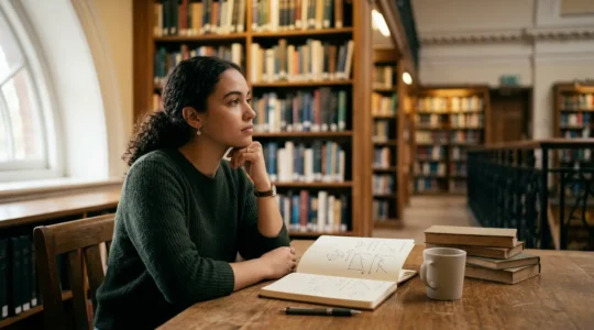 Étudiant en prépa scientifique face à des formules mathématiques abstraites dans une bibliothèque