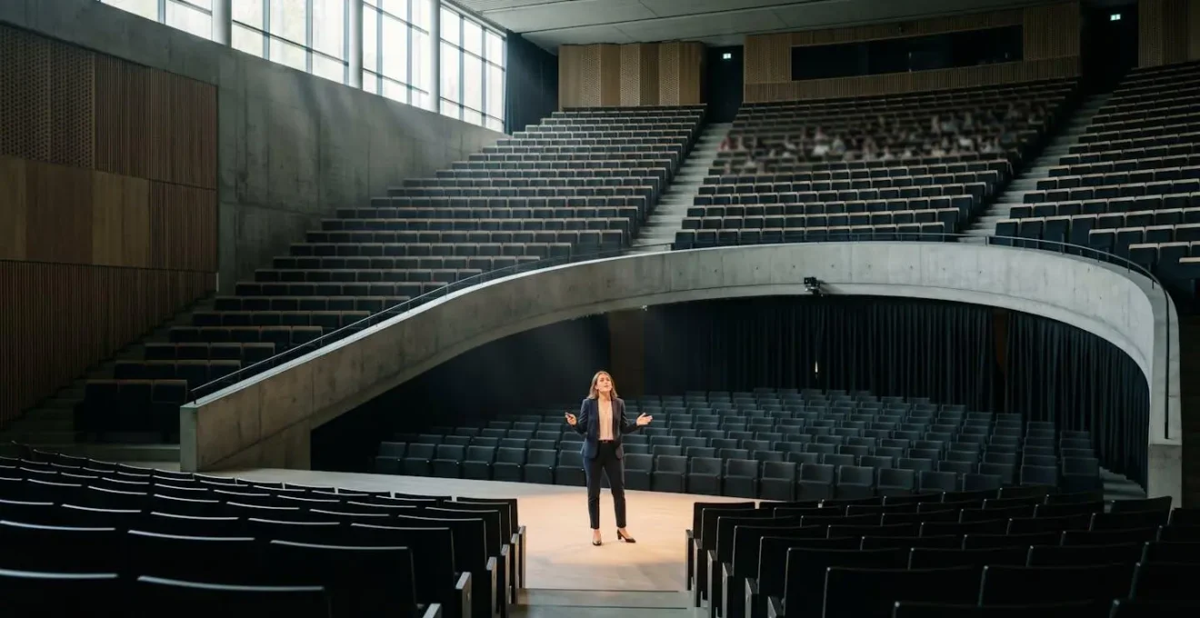 Étudiant présentant avec assurance devant un amphithéâtre, ambiance professionnelle
