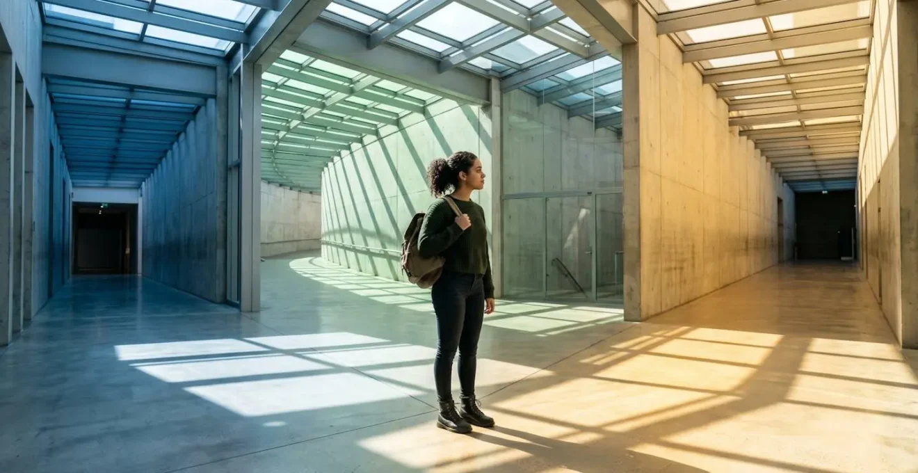 Jeune étudiant contemplant différents chemins symbolisant les options de césure