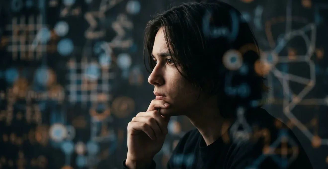 Étudiant en pleine réflexion devant un tableau avec formules mathématiques floues