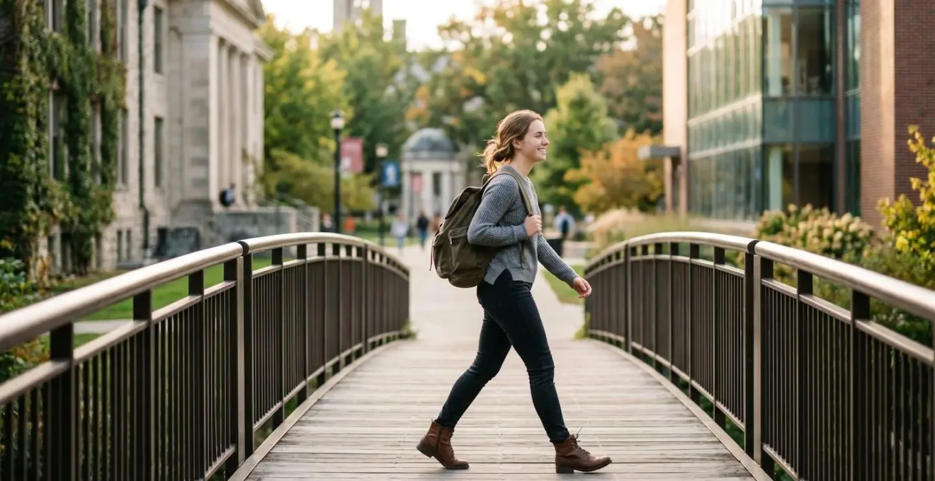 Étudiant marchant sereinement d'un bâtiment vers un autre symbolisant la transition réussie