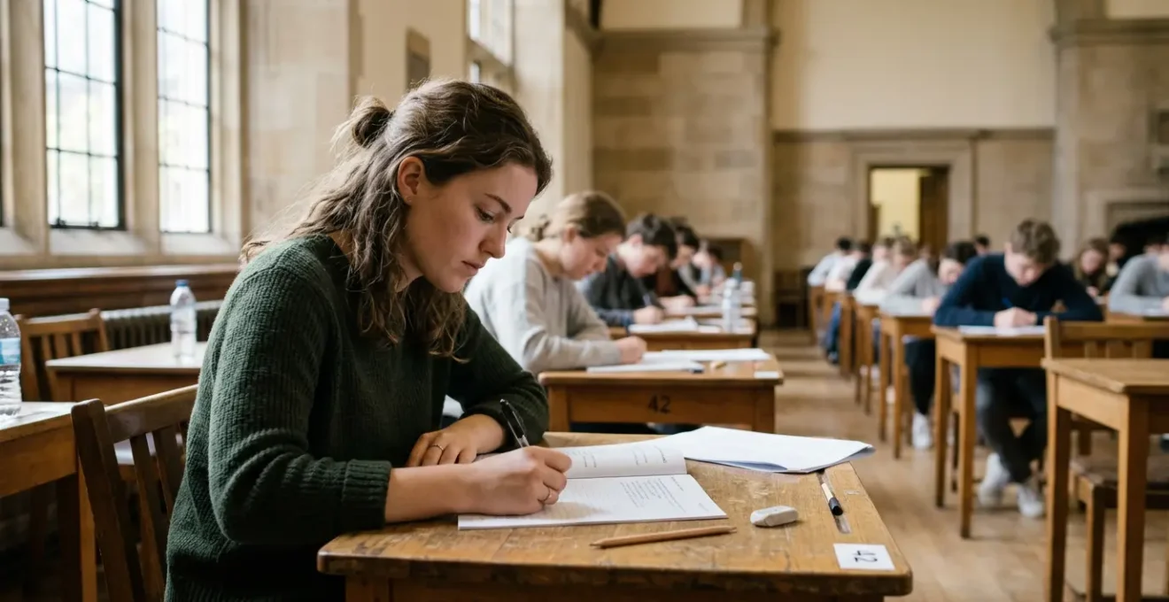 Étudiante en situation d'examen dans une atmosphère calme et concentrée