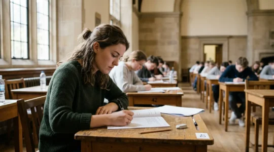 Étudiante en situation d'examen dans une atmosphère calme et concentrée