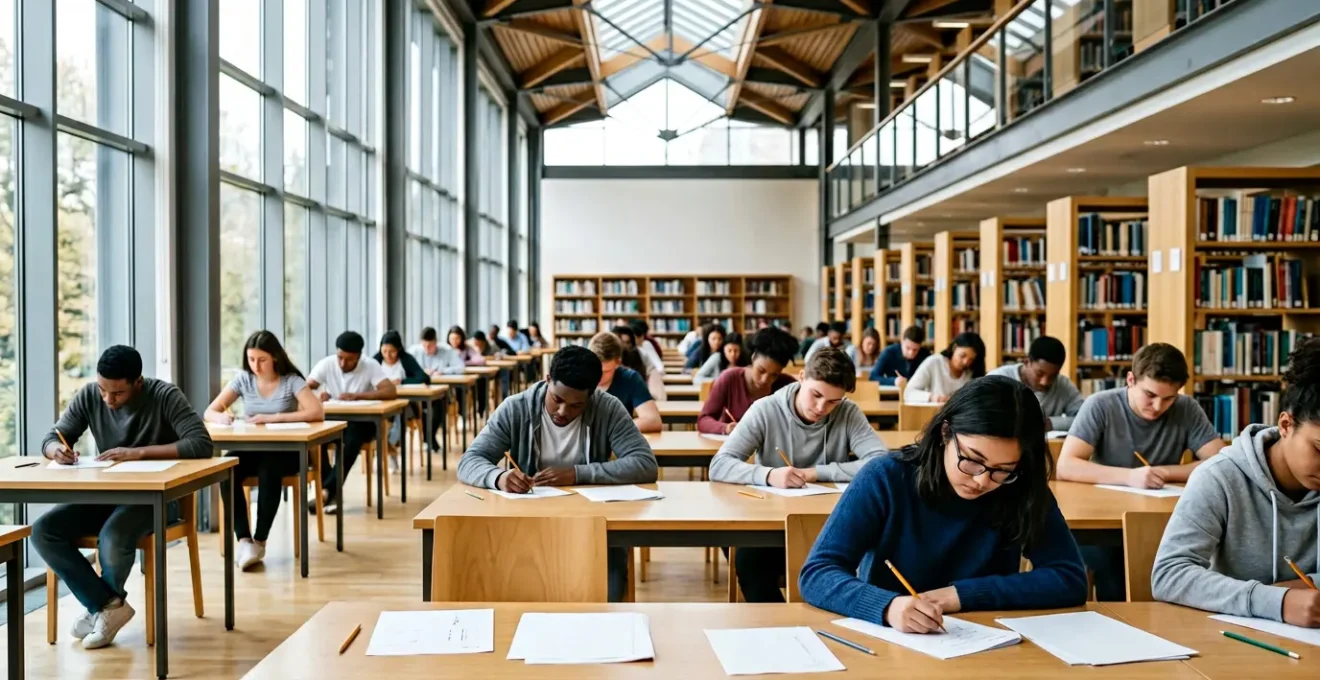 Étudiants concentrés lors d'un examen de dissertation dans une salle de bibliothèque lumineuse