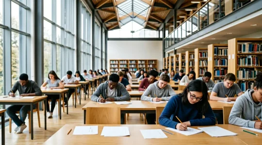 Étudiants concentrés lors d'un examen de dissertation dans une salle de bibliothèque lumineuse