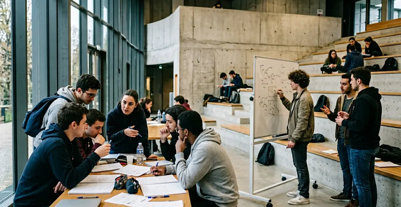Étudiants de l'INSA Lyon travaillant en groupe dans un amphithéâtre moderne avec architecture caractéristique