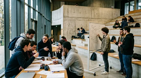 Étudiants de l'INSA Lyon travaillant en groupe dans un amphithéâtre moderne avec architecture caractéristique