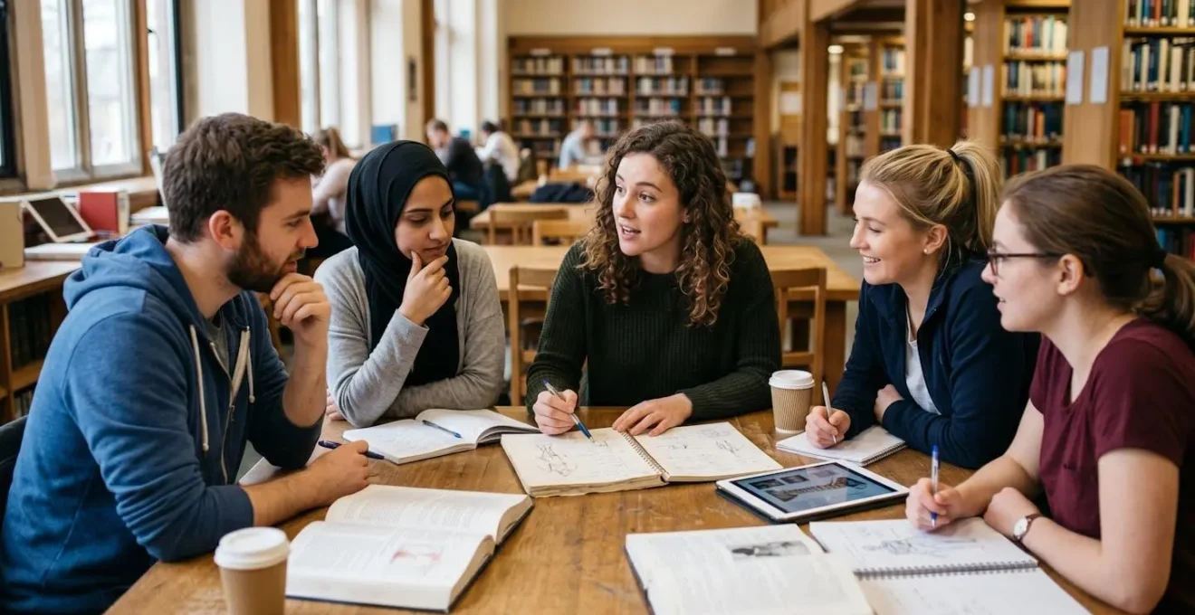 Groupe d'étudiants en médecine collaborant autour d'une table dans une bibliothèque universitaire