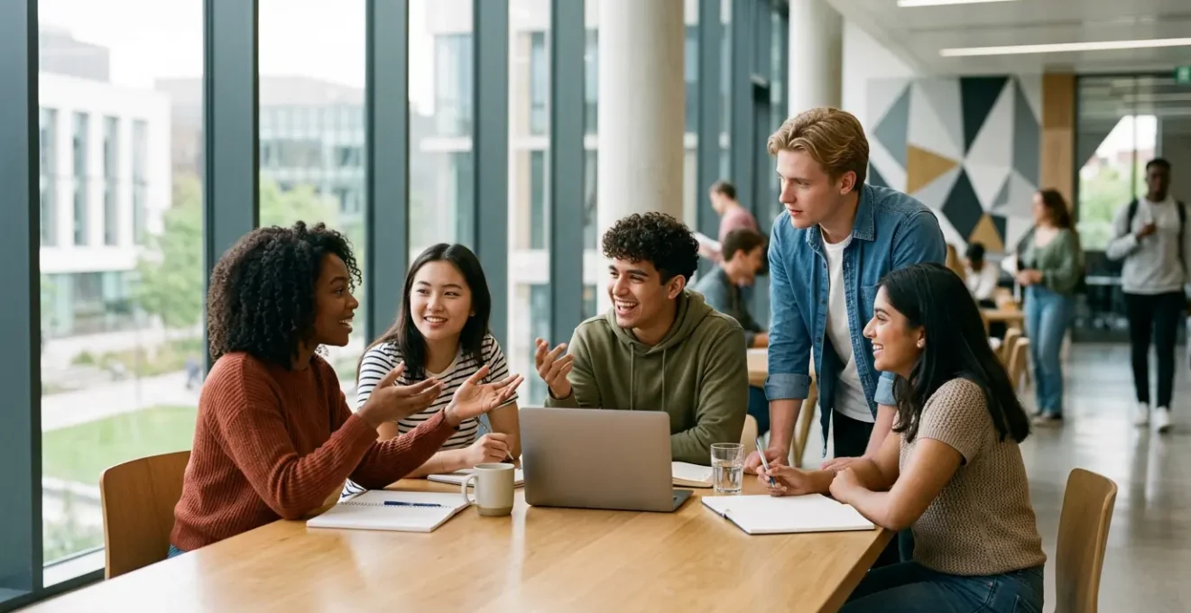 Groupe d'étudiants en pleine réflexion collaborative dans un espace de travail moderne et lumineux