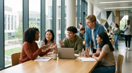 Groupe d'étudiants en pleine réflexion collaborative dans un espace de travail moderne et lumineux