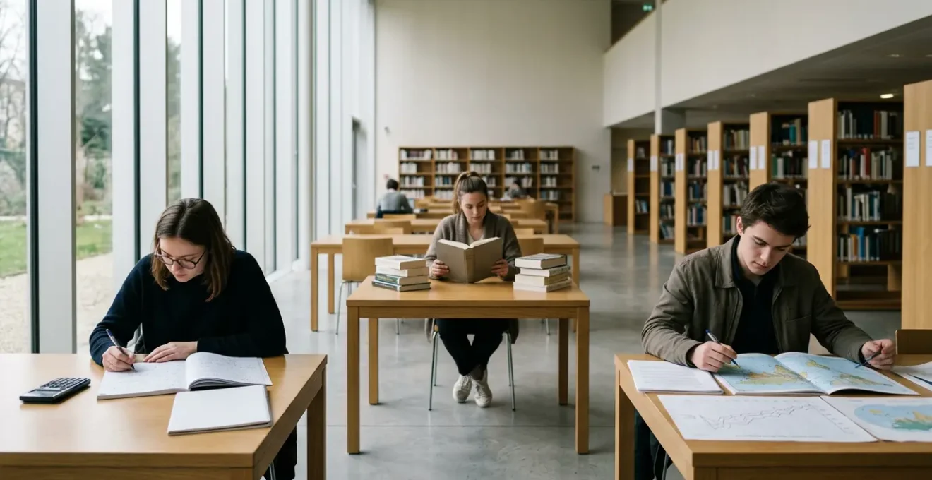 Étudiants en prépa économique dans une bibliothèque lumineuse, réfléchissant entre manuels de mathématiques et ouvrages de culture générale