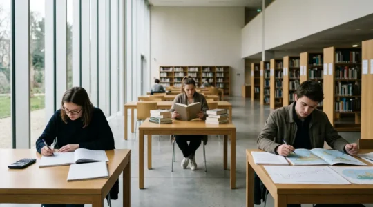 Étudiants en prépa économique dans une bibliothèque lumineuse, réfléchissant entre manuels de mathématiques et ouvrages de culture générale