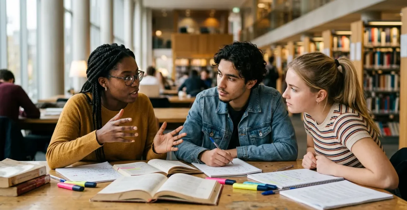 Groupe d'étudiants en terminale préparant le concours Sciences Po avec livres et cahiers dans une bibliothèque lumineuse