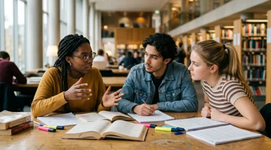 Groupe d'étudiants en terminale préparant le concours Sciences Po avec livres et cahiers dans une bibliothèque lumineuse