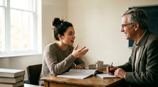 Étudiants en classe préparatoire lors d'une séance de préparation orale avec tableau et interaction collaborative