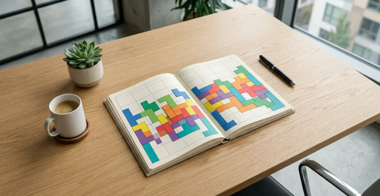 Vue aérienne d'un bureau moderne avec agenda organisé en blocs colorés comme un puzzle Tetris parfait