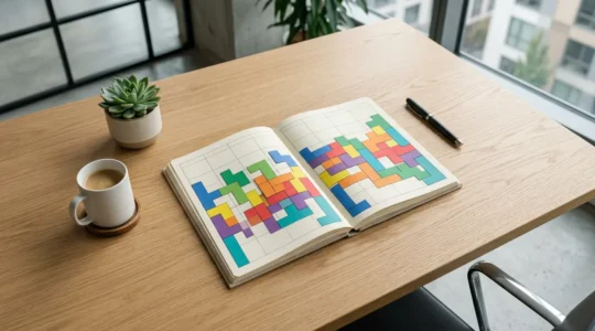 Vue aérienne d'un bureau moderne avec agenda organisé en blocs colorés comme un puzzle Tetris parfait