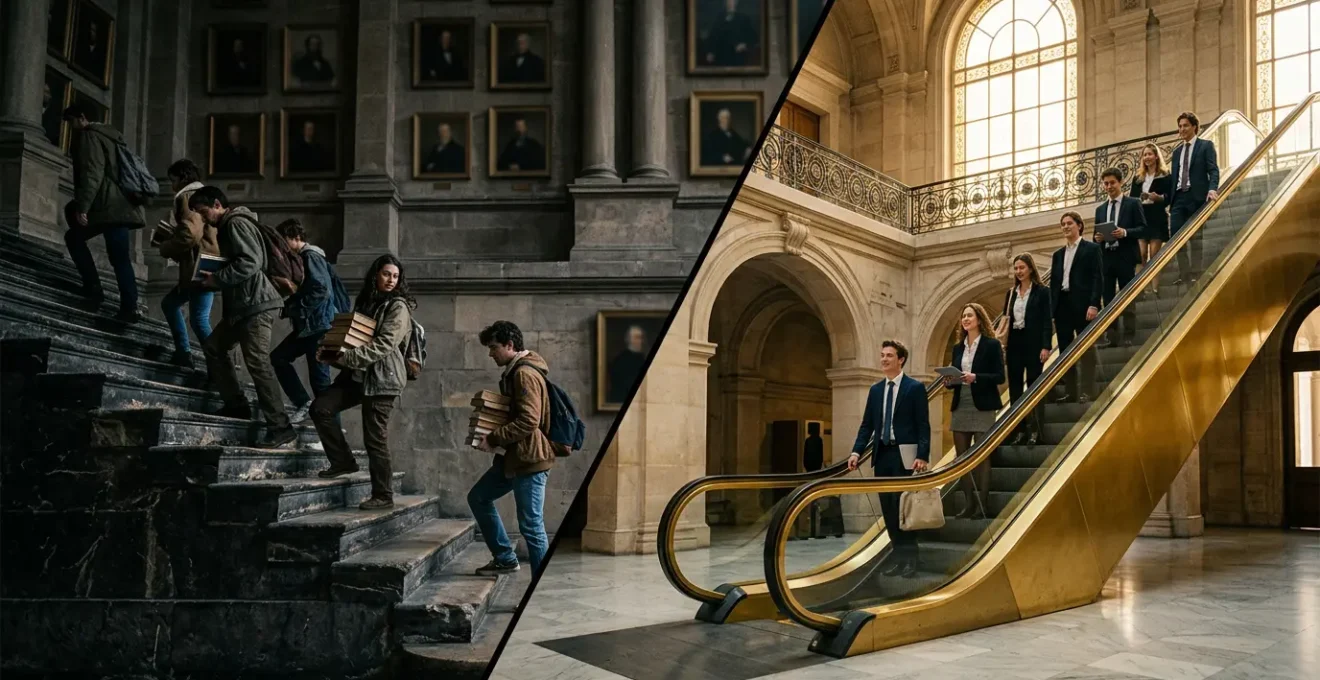 Escalier monumental d'une grande école avec étudiants de différents milieux sociaux