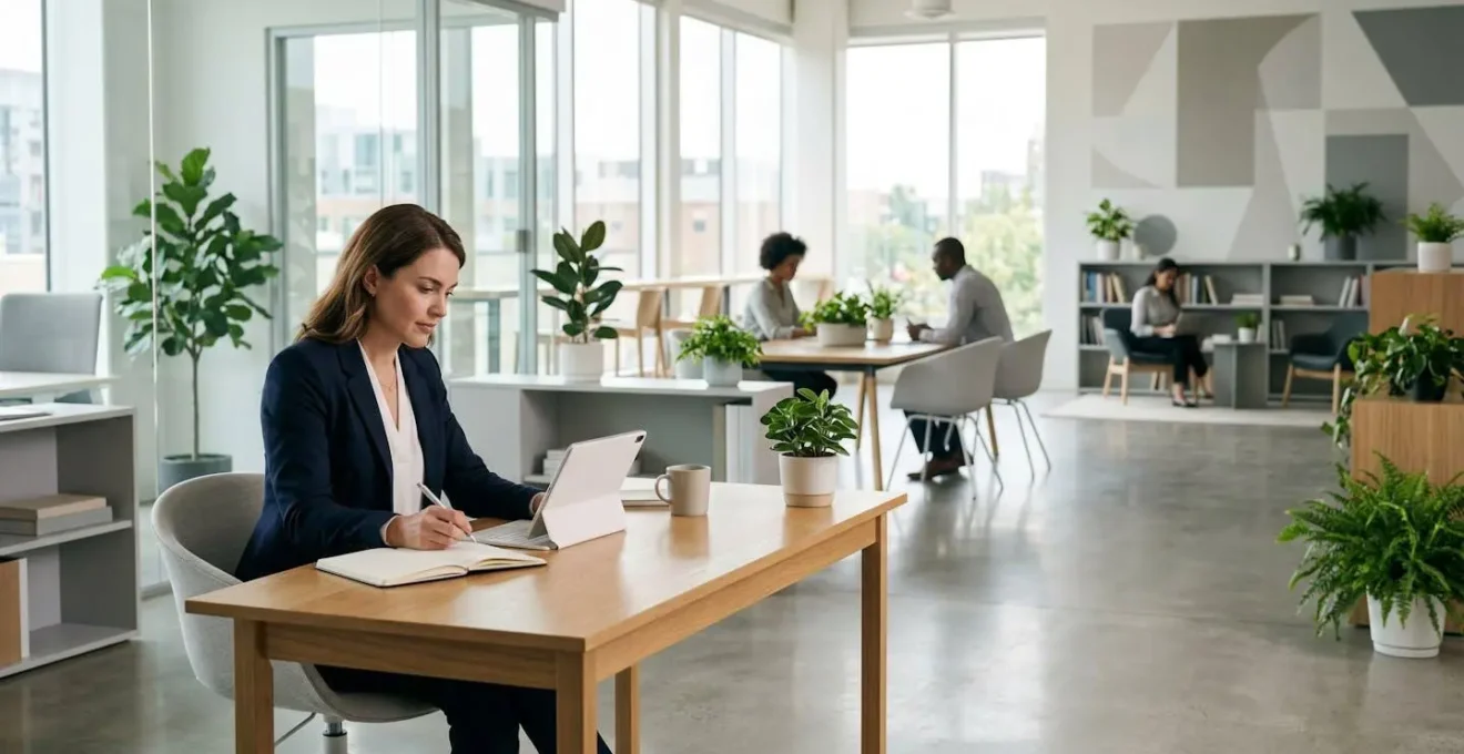 Professionnel en formation continue dans un environnement moderne d'apprentissage