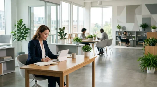 Professionnel en formation continue dans un environnement moderne d'apprentissage