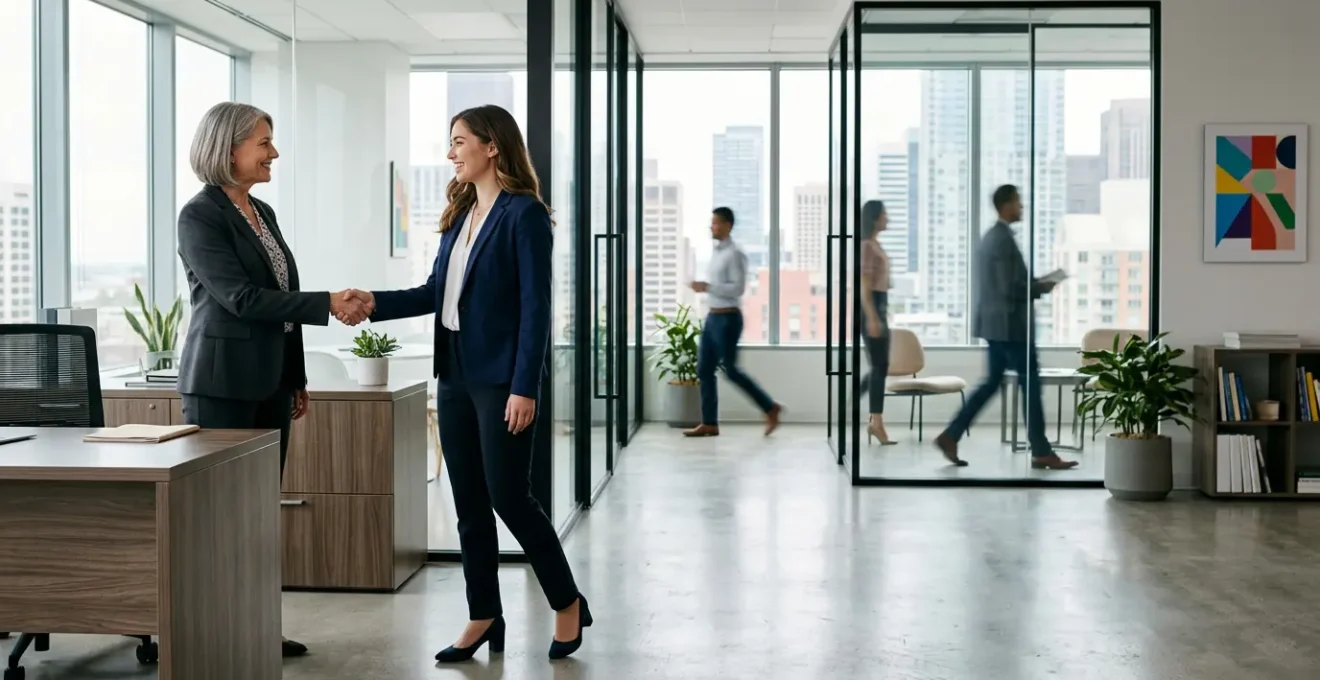 Jeune diplômé en costume professionnel serrant la main d'un recruteur dans un bureau moderne, négociant son premier salaire