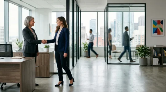 Jeune diplômé en costume professionnel serrant la main d'un recruteur dans un bureau moderne, négociant son premier salaire