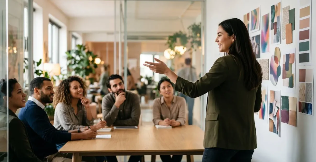 Profil littéraire en réunion d'entreprise présentant une stratégie de communication