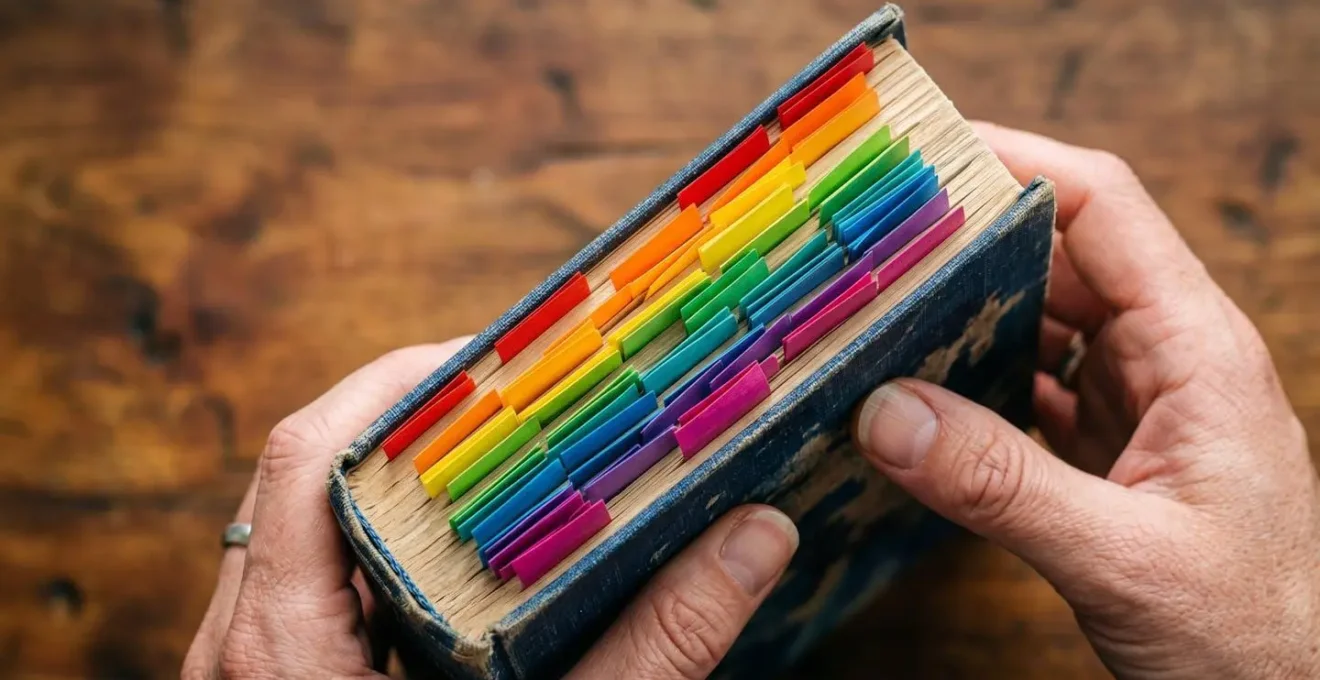 Gros plan sur des mains annotant un livre avec des notes colorées et un système de fiches organisé