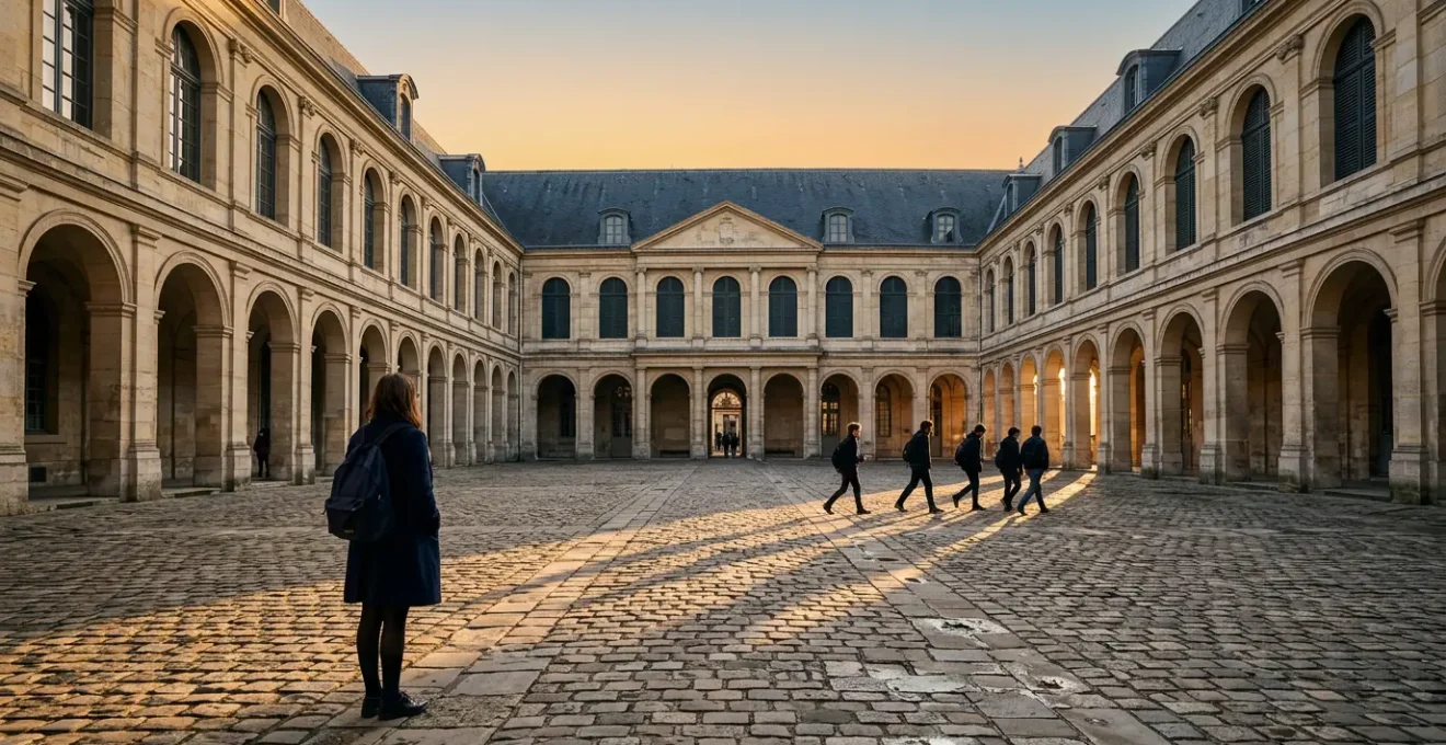 Vue en perspective d'une grande cour intérieure d'un lycée historique avec des élèves traversant l'espace