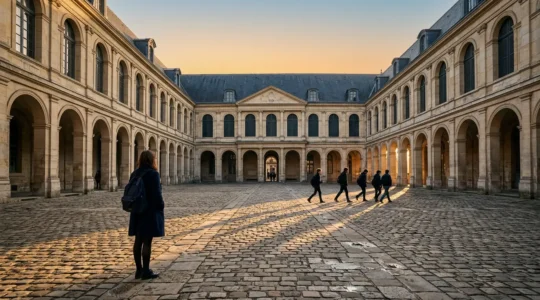 Vue en perspective d'une grande cour intérieure d'un lycée historique avec des élèves traversant l'espace