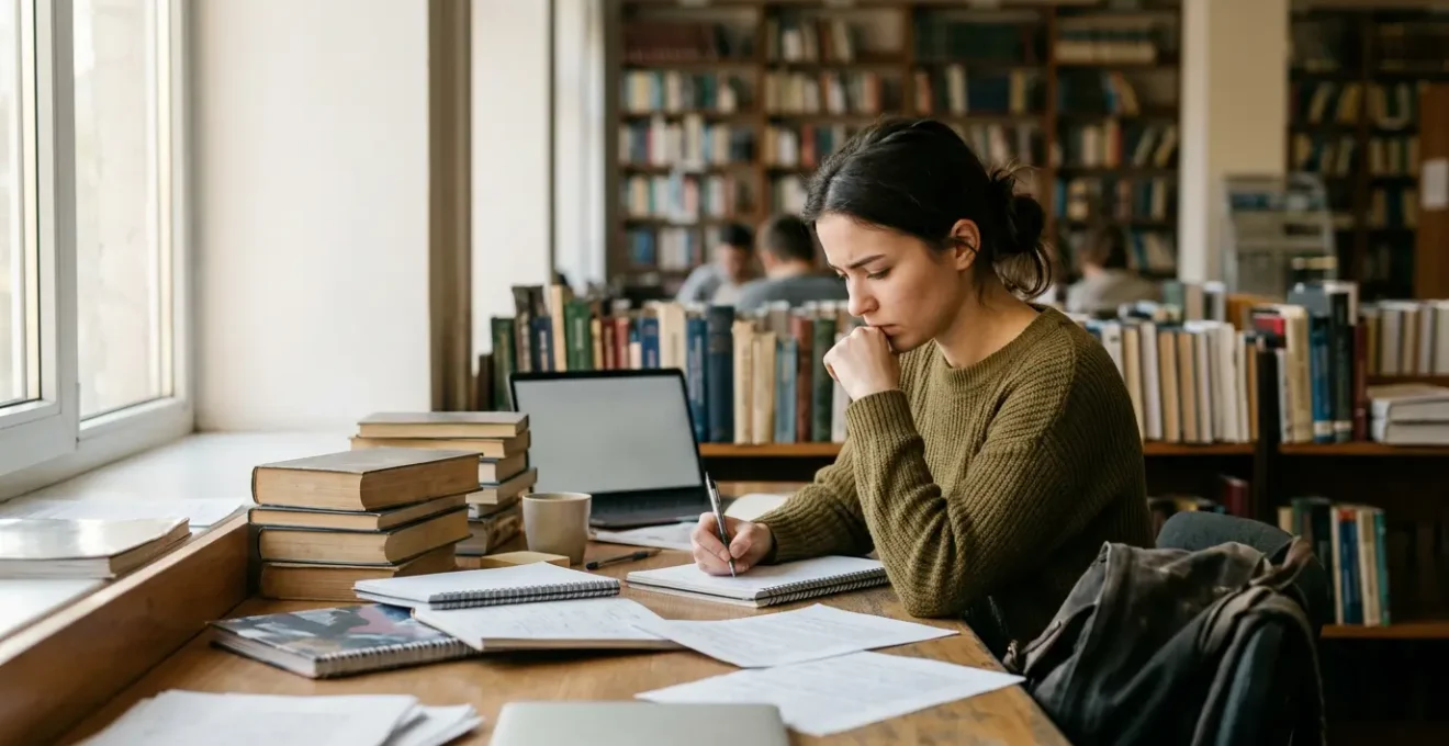 Étudiant en préparation aux classes préparatoires entouré de livres et documents d'étude dans une bibliothèque lumineuse
