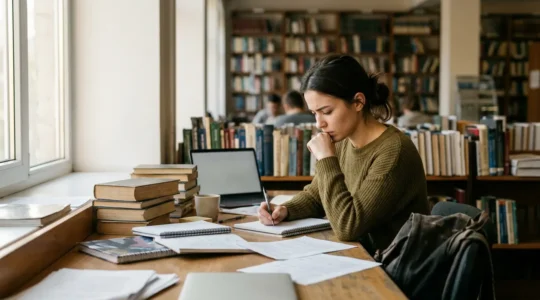Étudiant en préparation aux classes préparatoires entouré de livres et documents d'étude dans une bibliothèque lumineuse