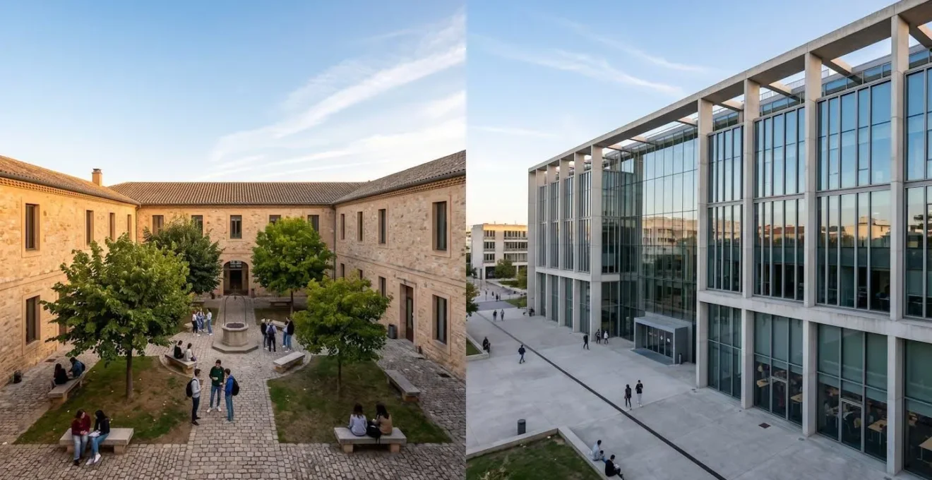 Vue aérienne comparative d'un petit établissement de province et d'un grand lycée urbain