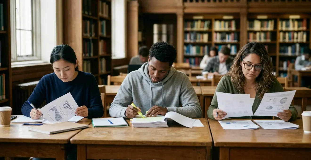 Étudiants analysant des graphiques et documents sur plusieurs bureaux avec concentration