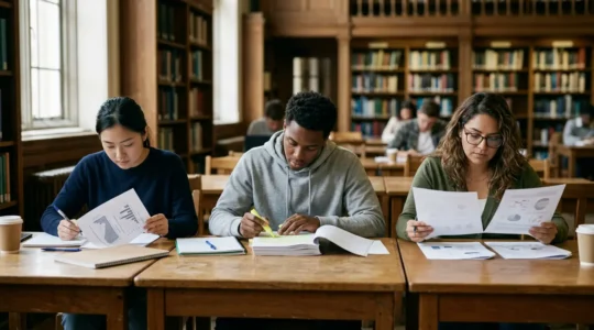 Étudiants analysant des graphiques et documents sur plusieurs bureaux avec concentration