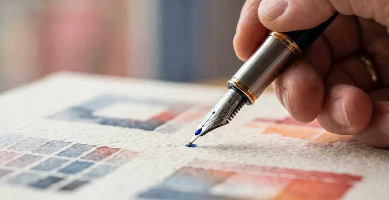 Gros plan sur une main tenant un stylo au-dessus de papiers avec motifs abstraits
