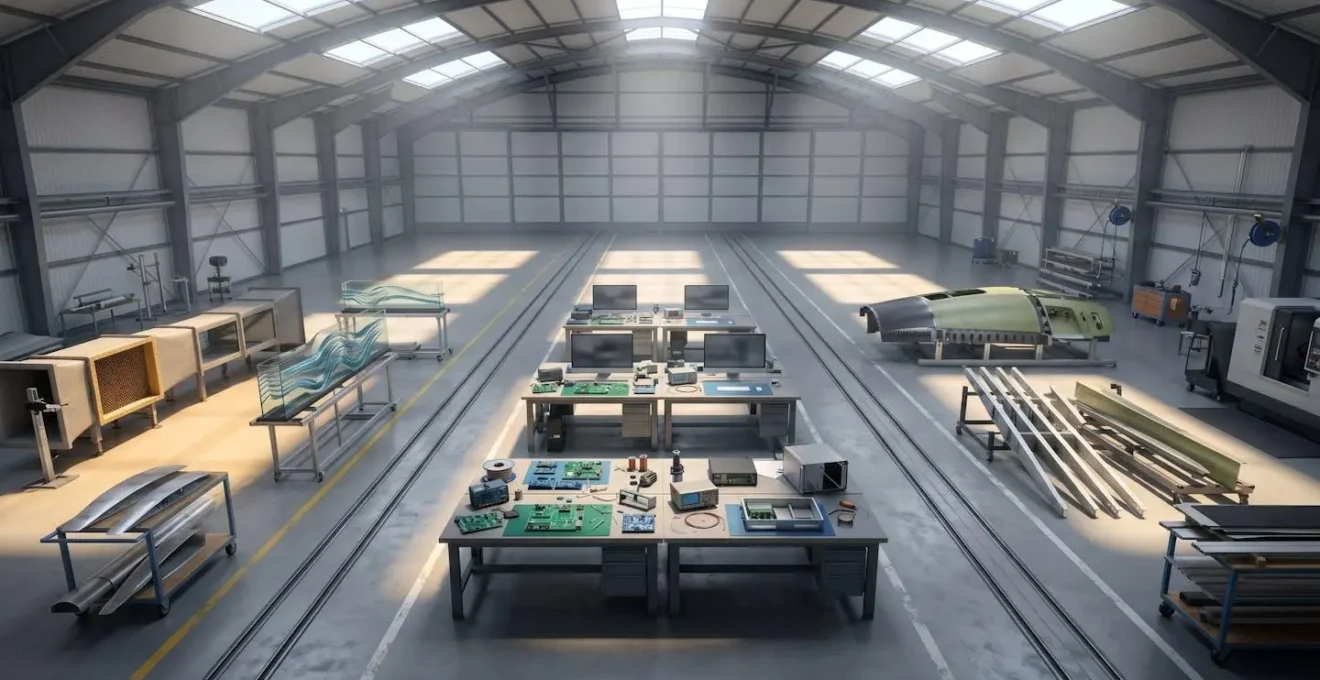 Vue panoramique d'un hangar aéronautique avec différentes zones de travail représentant les spécialisations