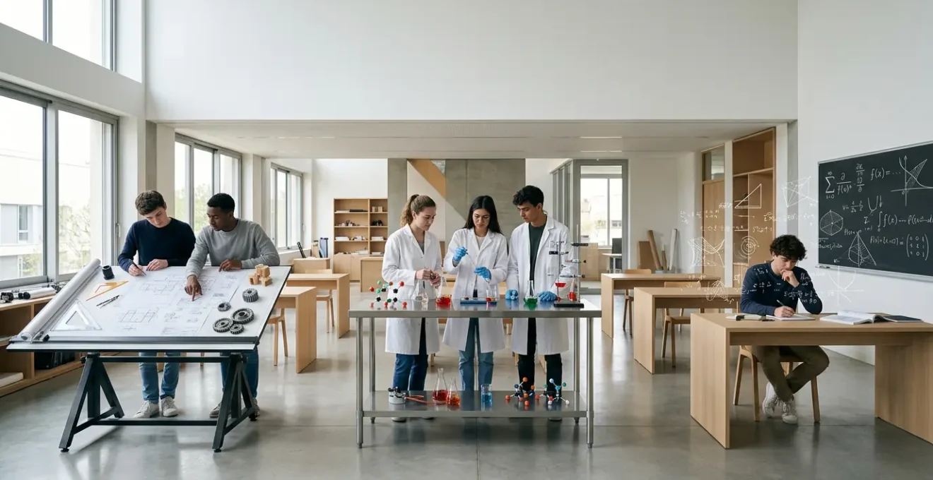 Étudiants en classe préparatoire scientifique analysant des équations mathématiques et des schémas techniques