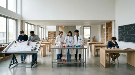 Étudiants en classe préparatoire scientifique analysant des équations mathématiques et des schémas techniques