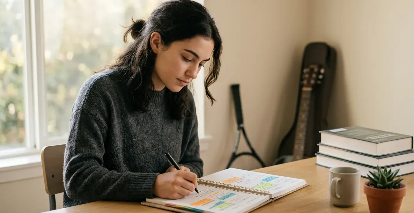 Étudiant concentré dans un environnement d'étude moderne avec éléments suggérant l'organisation et l'équilibre