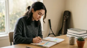 Étudiant concentré dans un environnement d'étude moderne avec éléments suggérant l'organisation et l'équilibre