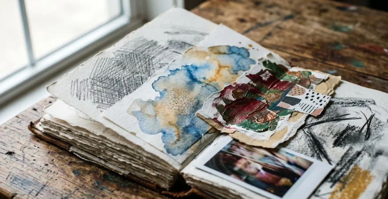 Vue macro d'une table avec portfolio artistique ouvert montrant une sélection diversifiée de travaux