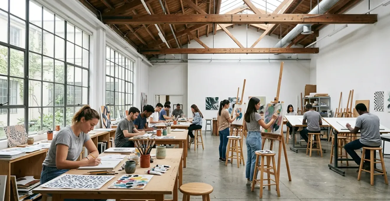 Étudiants en prépa art travaillant sur leurs portfolios dans un atelier lumineux avec matériel artistique