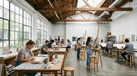 Étudiants en prépa art travaillant sur leurs portfolios dans un atelier lumineux avec matériel artistique