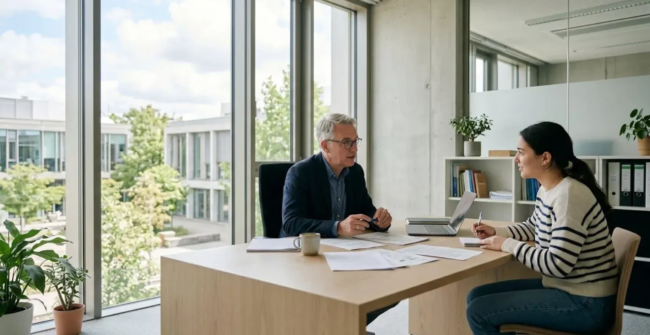 Échange entre un étudiant et son professeur référent dans un bureau universitaire