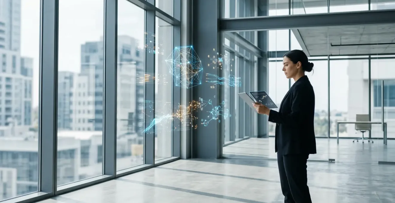 Jeune cadre analysant des données complexes dans un environnement professionnel moderne