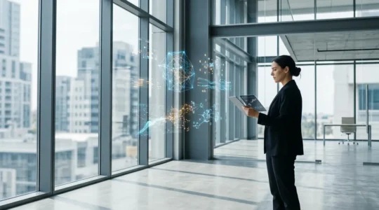 Jeune cadre analysant des données complexes dans un environnement professionnel moderne